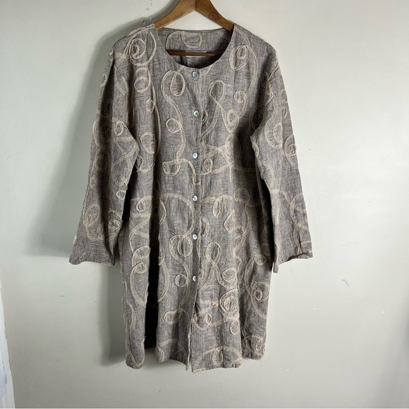 BRYN WALKER Grey Size S Lagenlook Linen Mesh Swirl Design Button Tunic Jacket - Picture 1 of 10